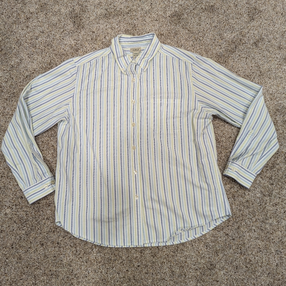 L.L. Bean Vintage 100% cotton women Sz L button-up long sleeve blue green cream